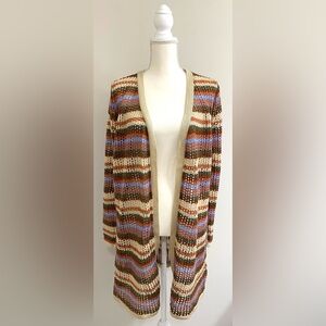 Rue 21 Womens L Brown Tan Blue Stripe Crochet Long Cardigan Sweater Boho Y2K